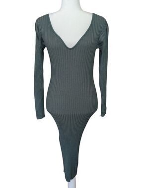 Ally Womens Green Ribbed Knit Scoop Long Sleeve Bodycon Midi Dress Size Medium
